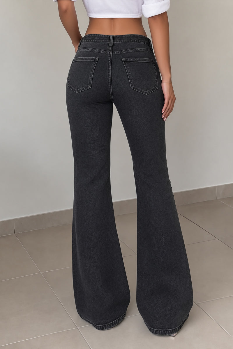 Women's Edgy High Waist Side Cutout Lace Up Washed Black Flare Jeans