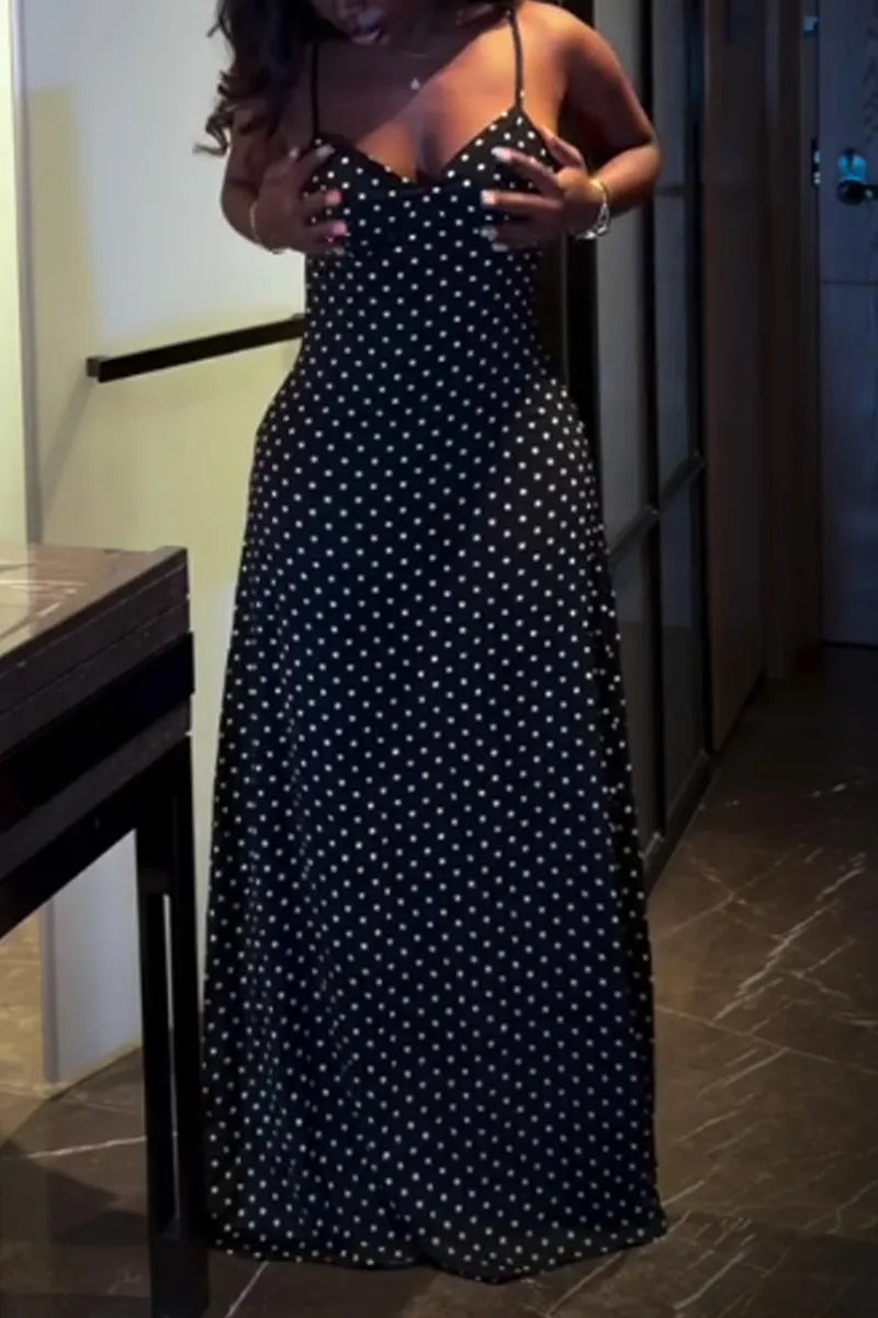 Women's Summer Casual Vintage Polka Dot Cowl Neck Thin Strap High Waist Mermaid Maxi Dress