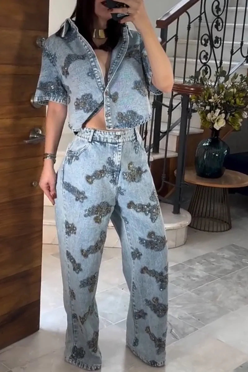 Women's Fashion Rhinestone Beads Loose Denim Top or Wide Leg Jeans