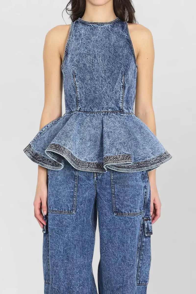 Ladies' Casual Denim Ruffled Top And Workwear Jeans