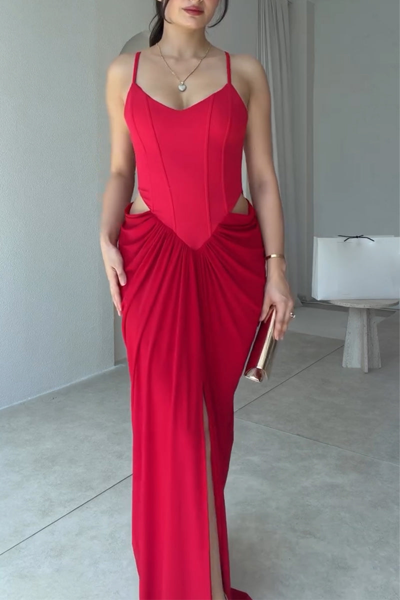 Women's Suspender Patchwork Slit Solid Color Elegant Temperament Dinner Party Style Dress