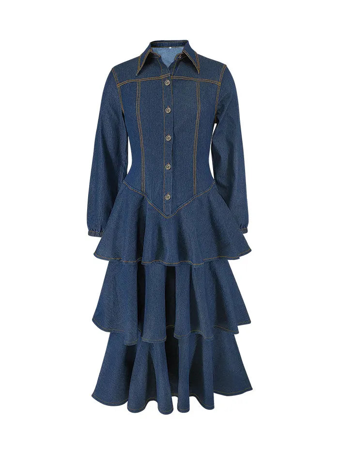 Elegant Lapel Long Sleeve Tiered Hem Denim Dress