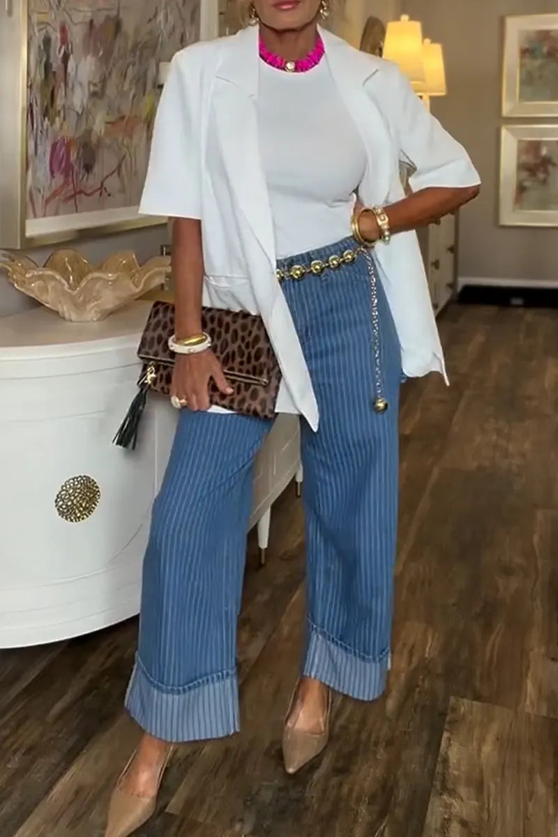 Women Casual Blue and White Vertical Striped Wide Leg Jeans