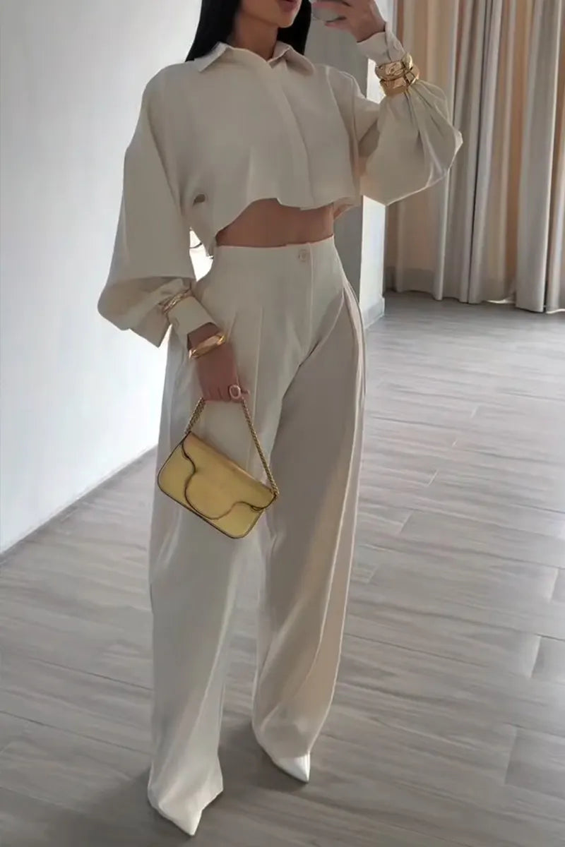 Women's Casual Puff Sleeve Short Shirt Pants Two-Piece Set
