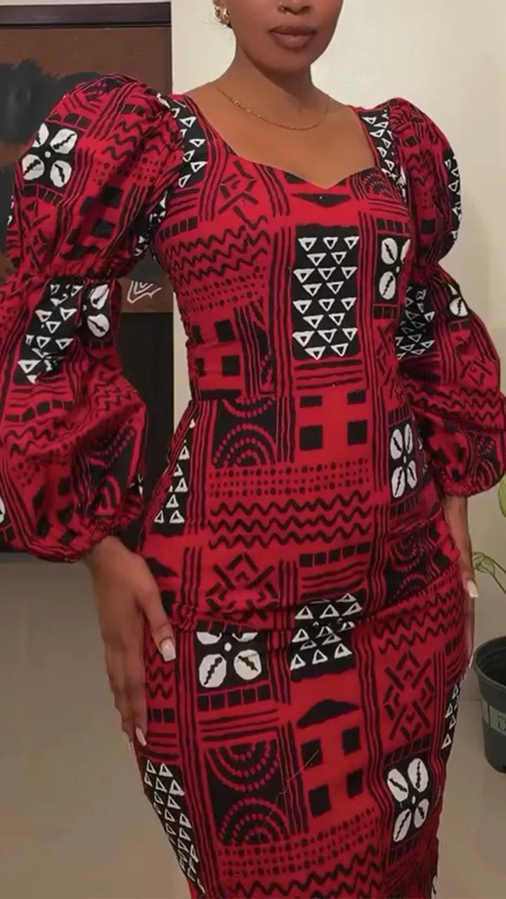 Women Square Neck Long Sleeved Waist Cinched Print Elegant Temperament Dress