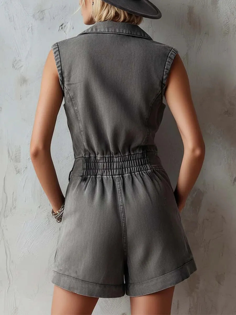Women's Sleeveless Casual Loose Denim Jumpsuit With Lapel Collar
