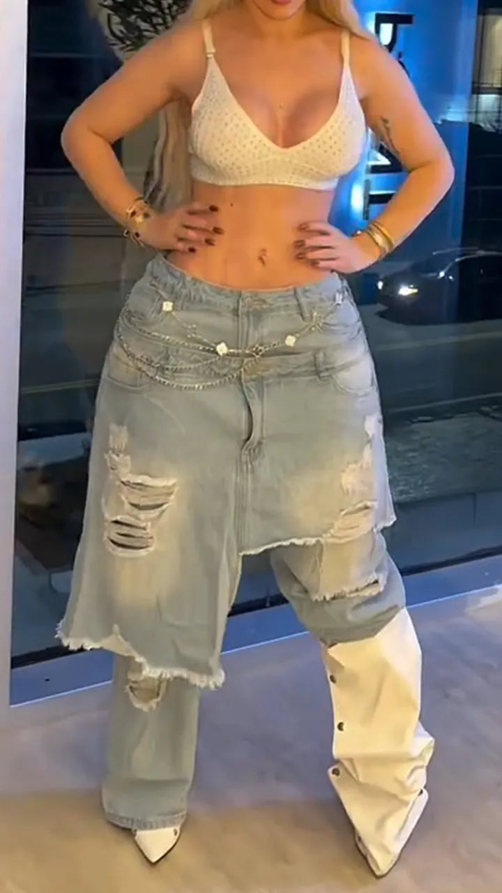 Women Patchwork Ripped Casual Jeans