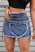 Women's High Waist Asymmetrical Frayed Denim Skort with Heart Patch Pocket