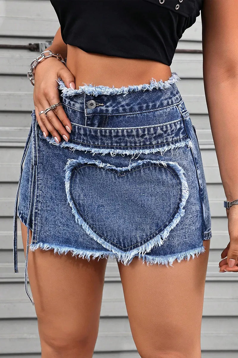 Women's High Waist Asymmetrical Frayed Denim Skort with Heart Patch Pocket