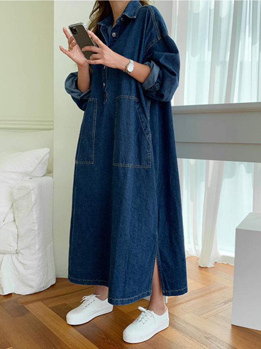 Buttoned Pockets Solid Color Split-Joint Split-Side Long Sleeves Loose Lapel Shirt Dress Maxi Dresses