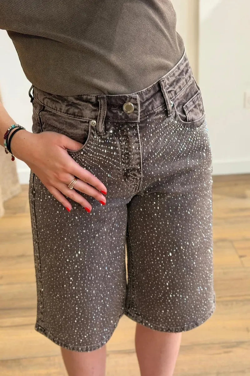 Women's Fashion Firework Pattern Rhinestone Trim Cropped Jeans