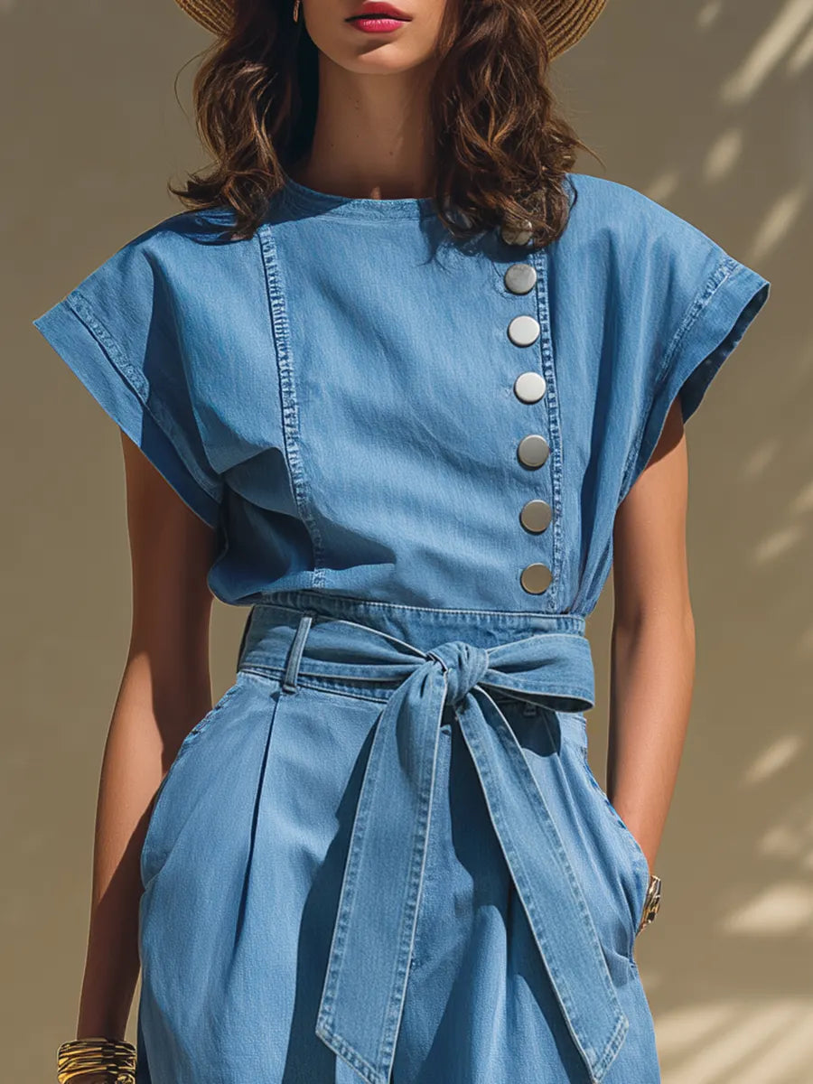 Trendy Vacation Sleeveless Top And Wide-leg Pants Denim Set