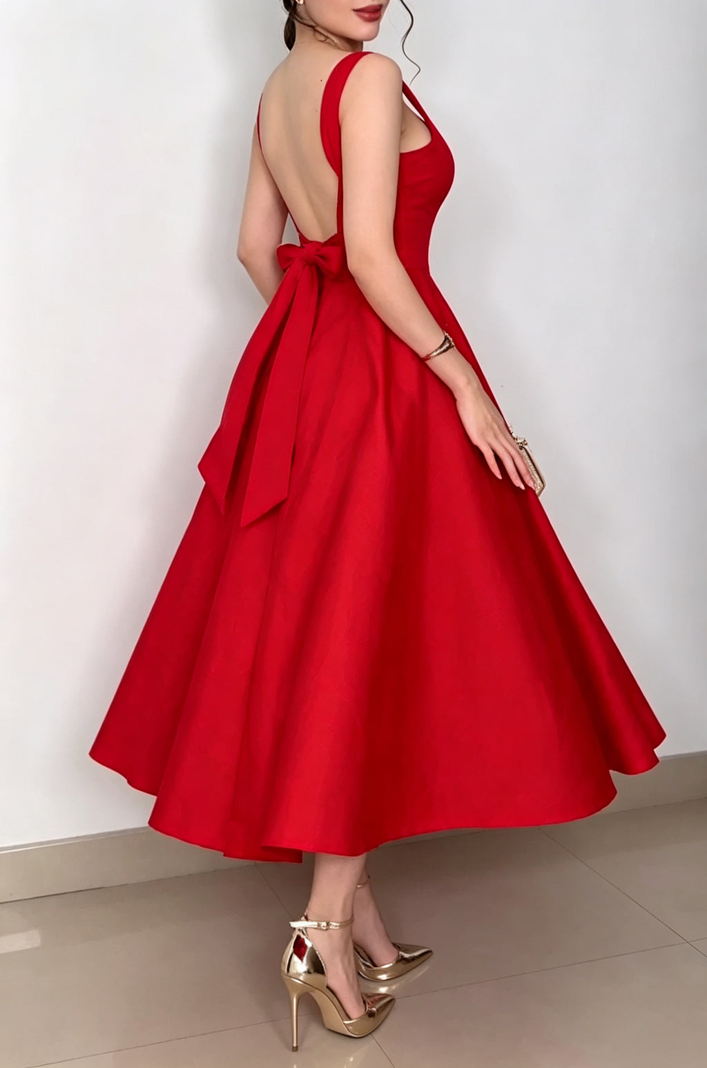 Women's Elegant Bow Lace-Up A-Line Midi Dress