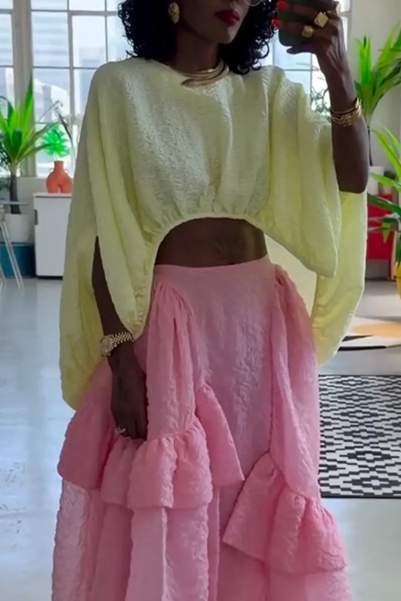 Women's Round Neck Irregular Solid Color Top or Patchwork Skirt