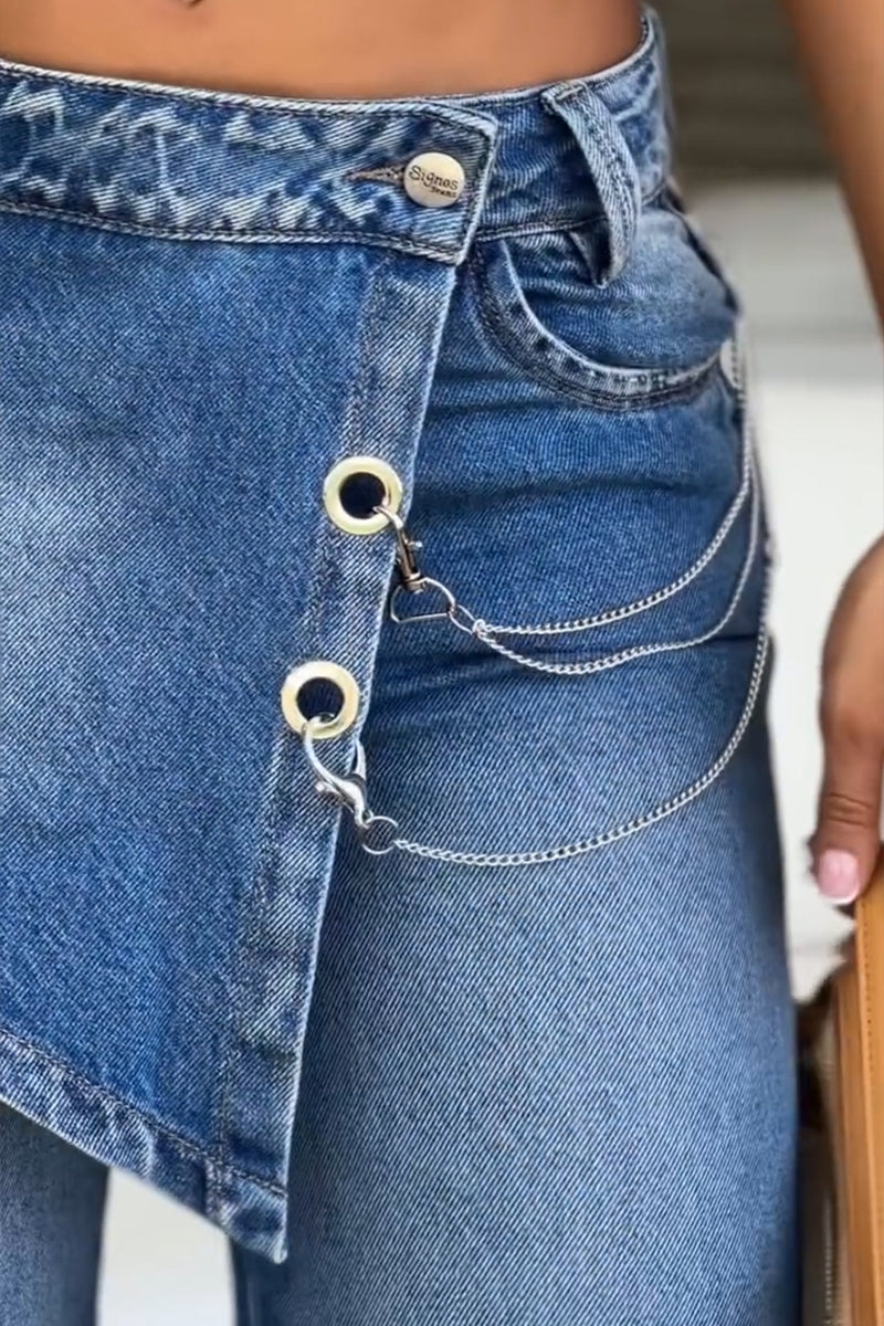 Women's Casual Faux Two-Piece Layered Asymmetric Chain Wide Leg Jeans
