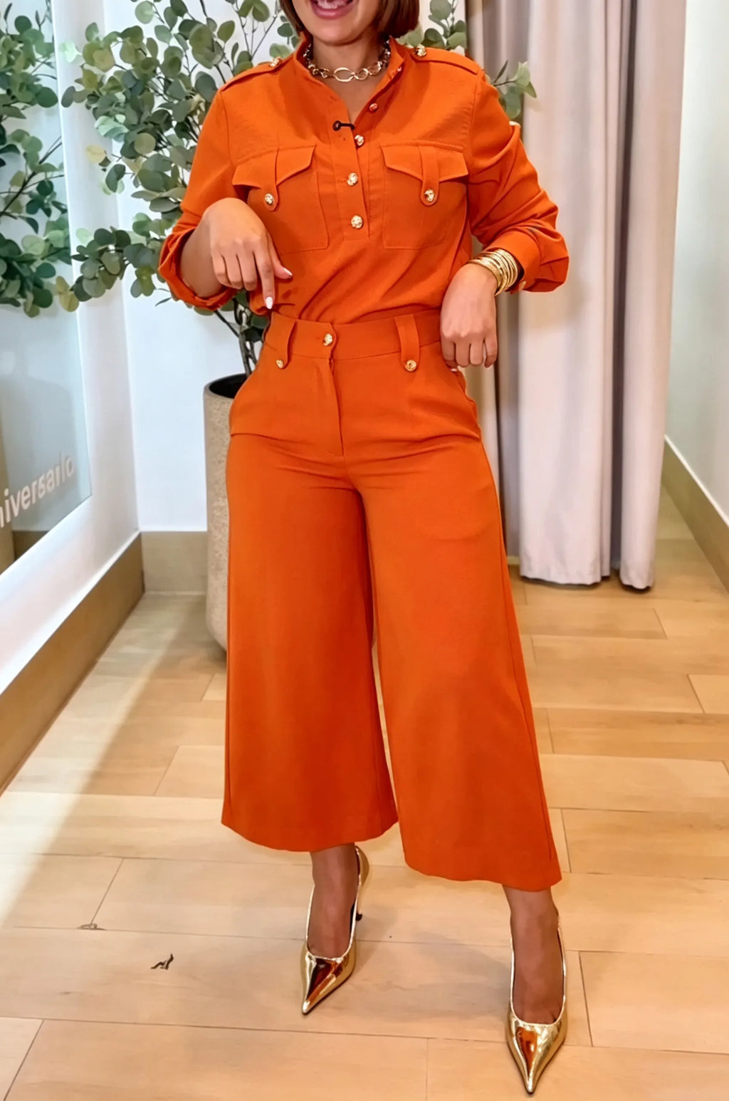 Women's Fashion Commuter Button Shirt Pants Two-Piece Set