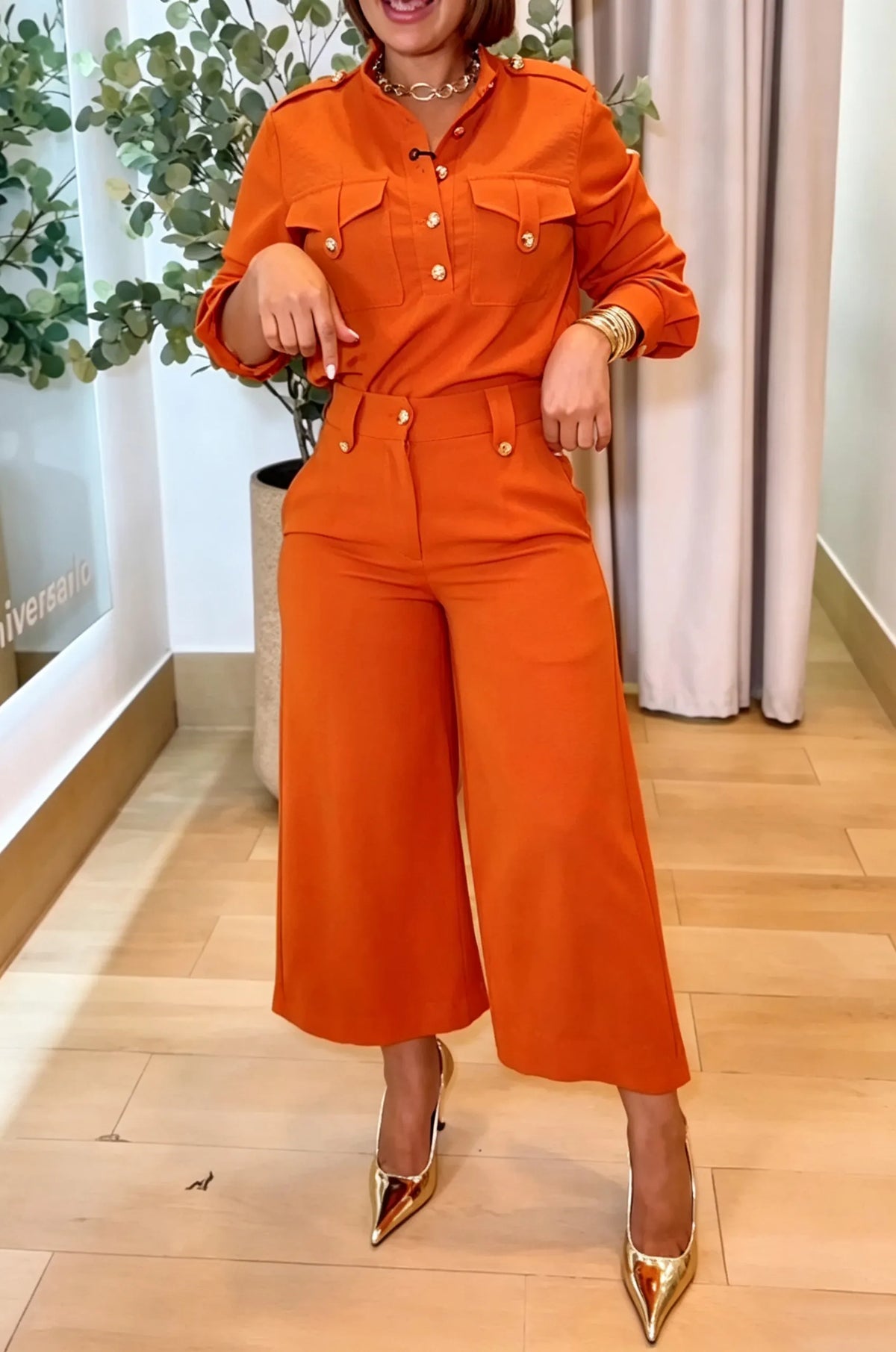 Women's Fashion Commuter Button Shirt Pants Two-Piece Set