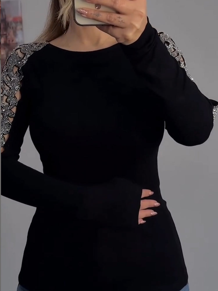Women Round Neck Sleeves Hollowed Out Hot Stamping Rhinestone Casual Top