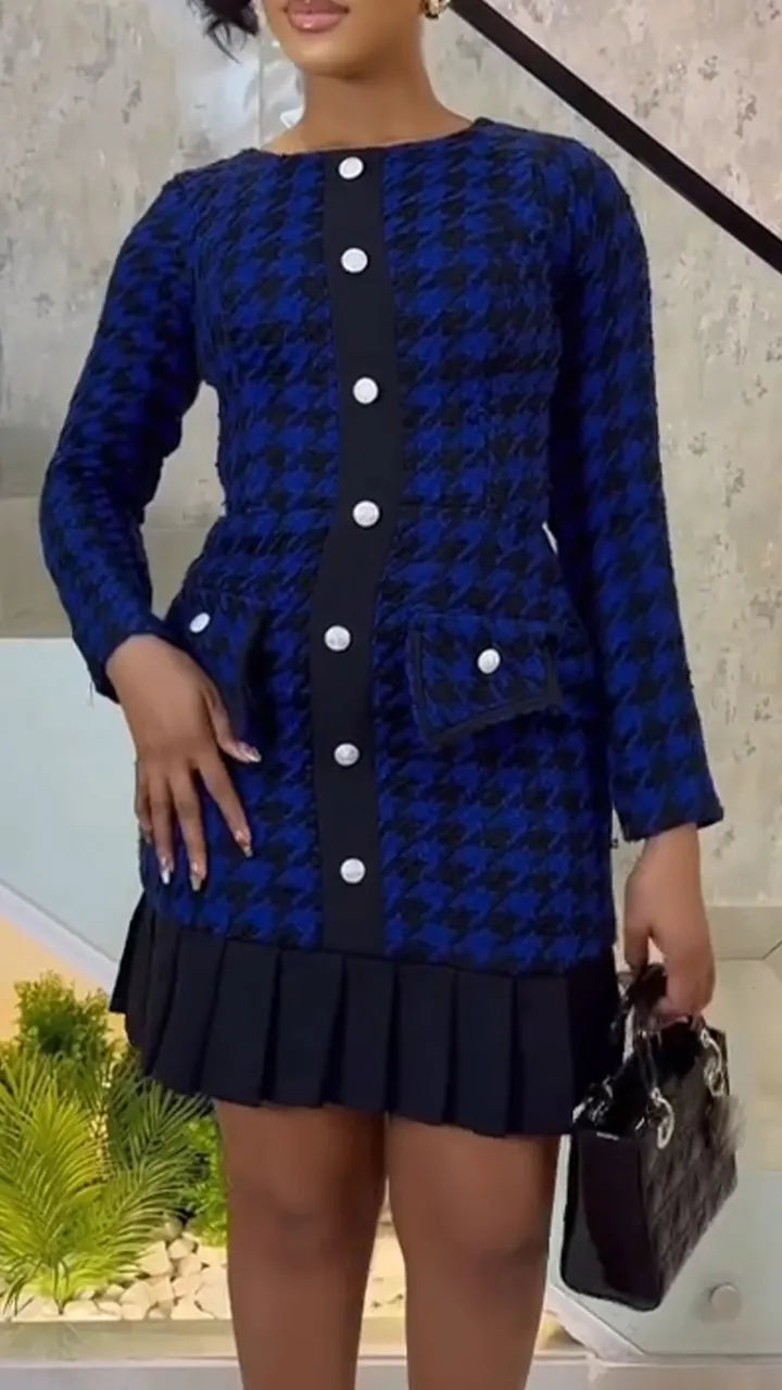 Women Round Neck Breasted Patchwork Plaid Elegant Temperament Dress