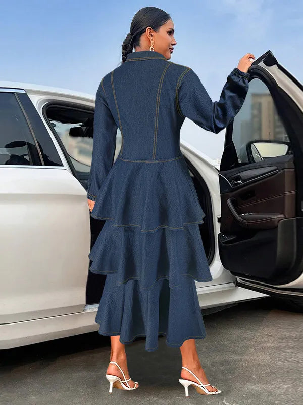 Elegant Lapel Long Sleeve Tiered Hem Denim Dress