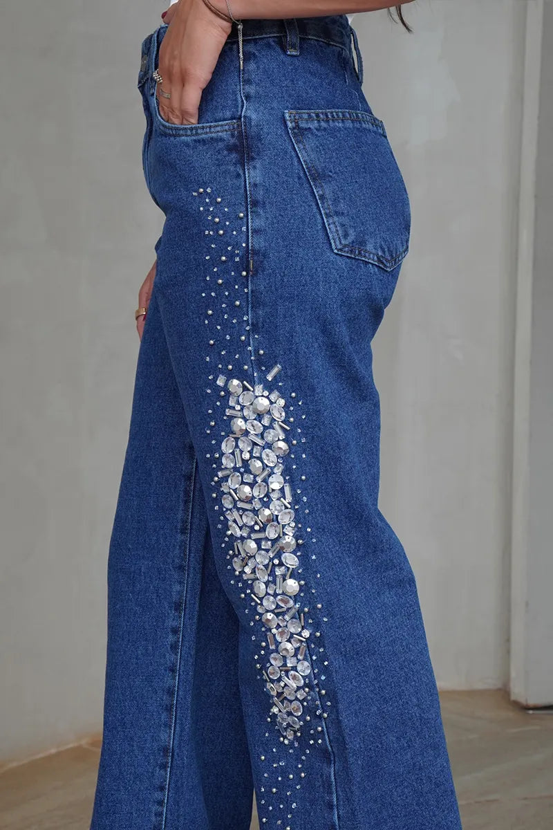 Women's Casual Versatile Rhinestone Trim Jeans