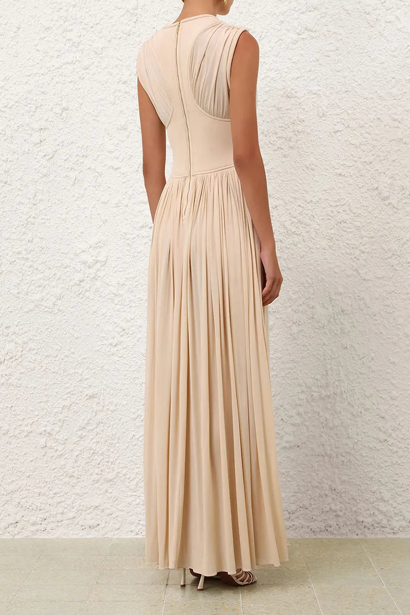 Elegant Women's Long Dress Pleated Waist Design