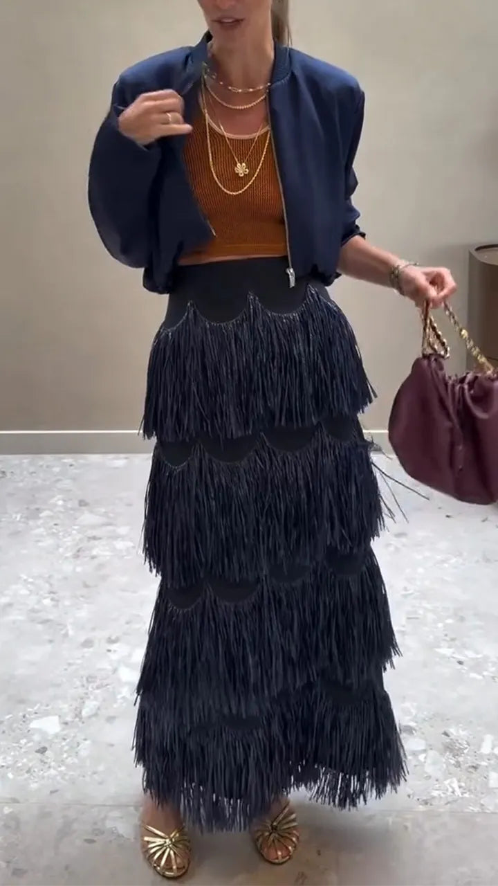 Women Round Neck Jacket + Patchwork Tassel Skirt
