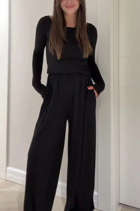 Women Round Neck Top + Pants Solid Color Casual Suit