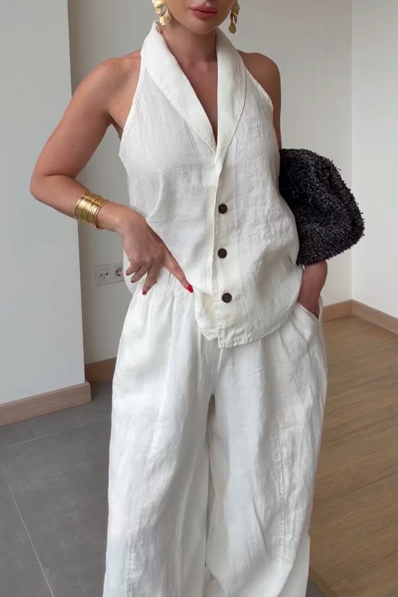 Women's Vacation Fashion Button Vest Loose Pants Two-Piece Set