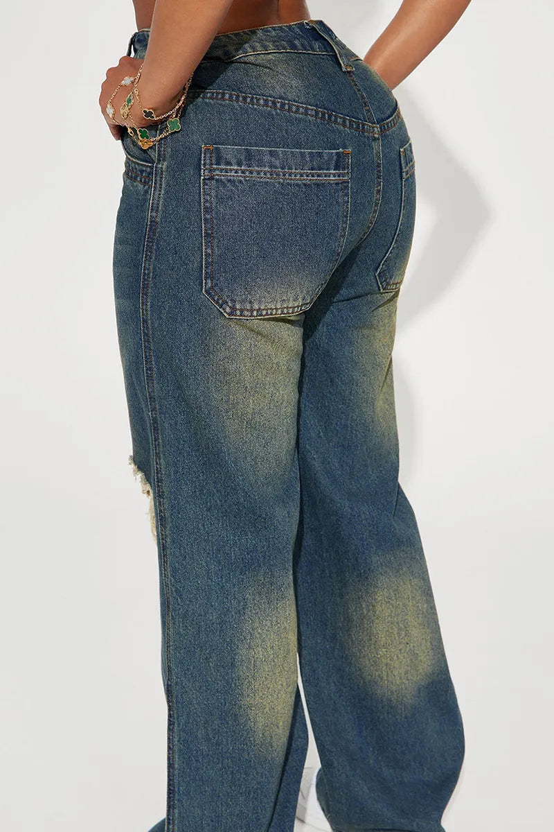 Ladies Industrial Wash Knee Rip Wide Leg Jeans