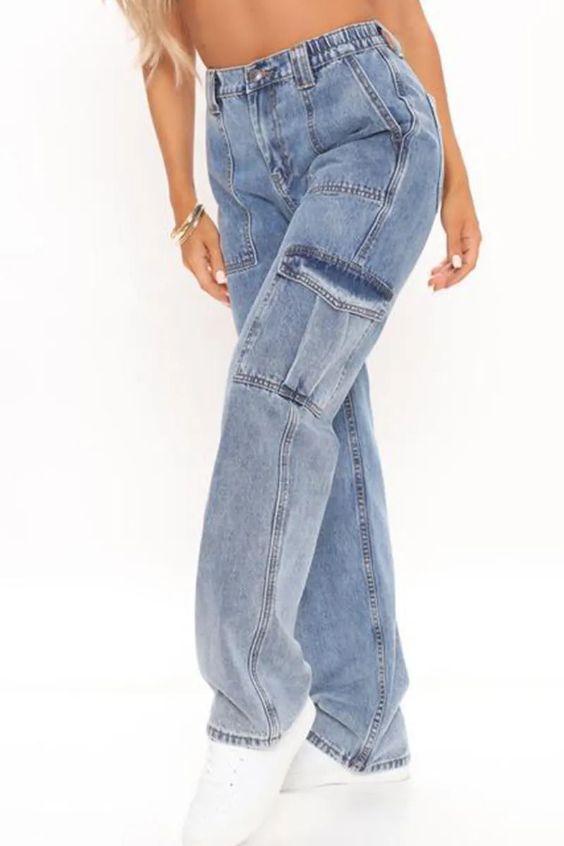 Women's Elastic Waist Wide-Leg Cargo Jeans With Multiple Pockets