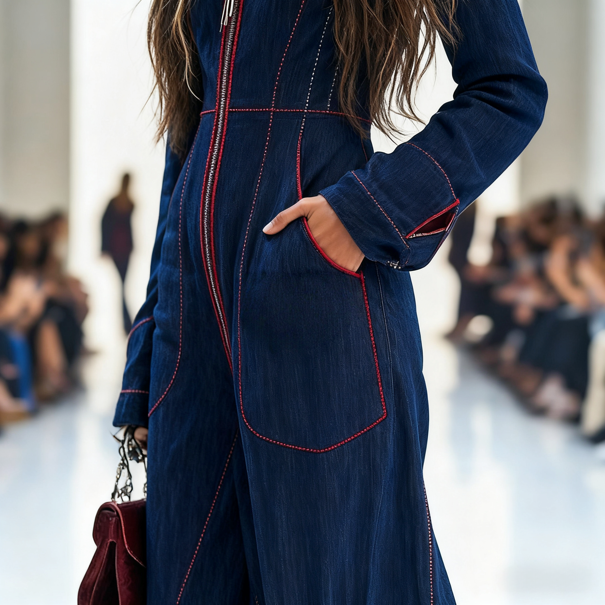 Women's Lapel Retro Zipper Pocket Long-Sleeved Wide-Leg Denim Jumpsuit