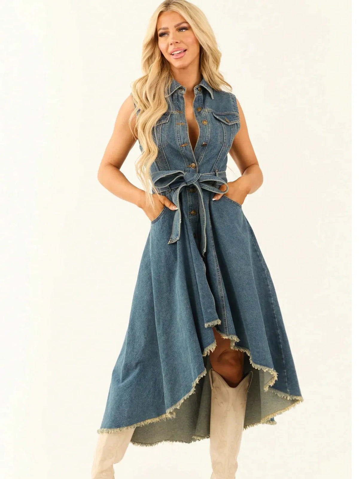 Edgy Irregular Raw Hem Sleeveless Denim Midi Dress