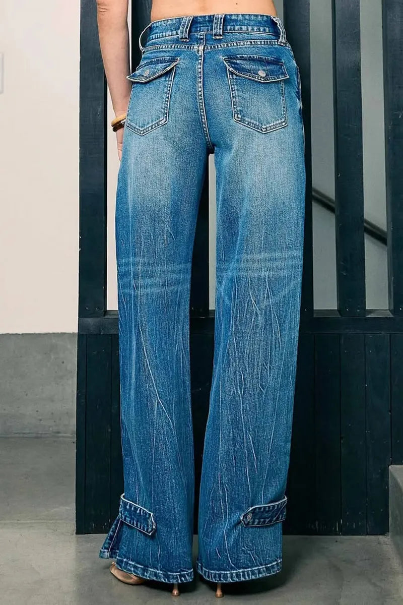 Women Classic Vintage Whisker Wash Floor-Length Wide Leg Jeans