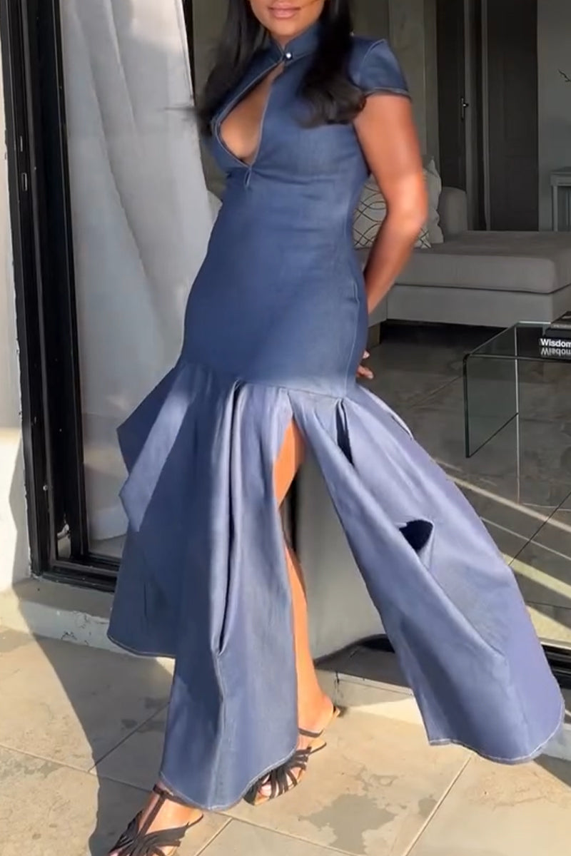 Women's Round Neck Hollow Waist with Elegant Slit Casual Denim Dress