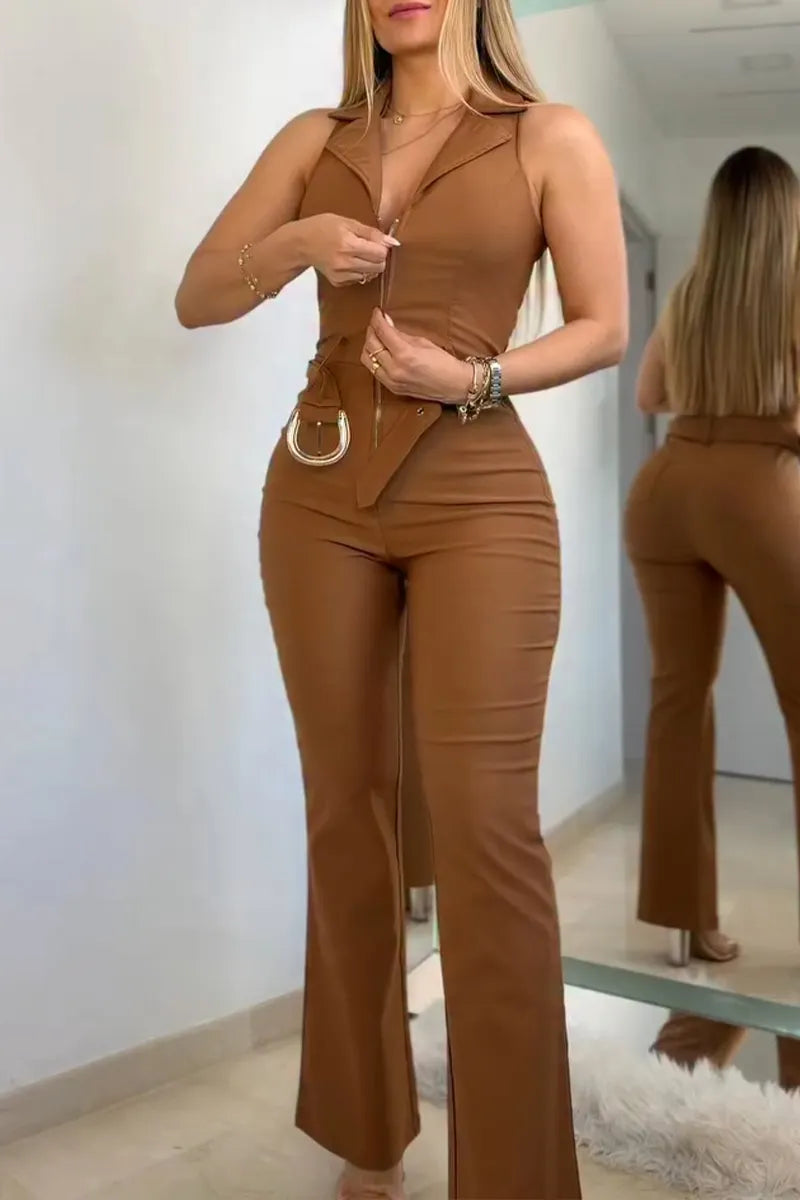Women's Casual Lapel Zipper Jumpsuit with Belt
