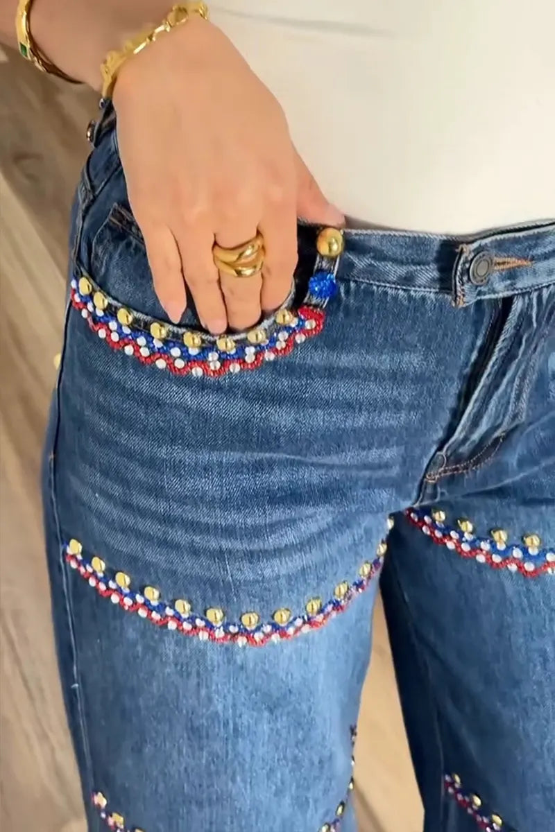 Women's Fashion Rhinestone-Beaded Wide Leg Jeans