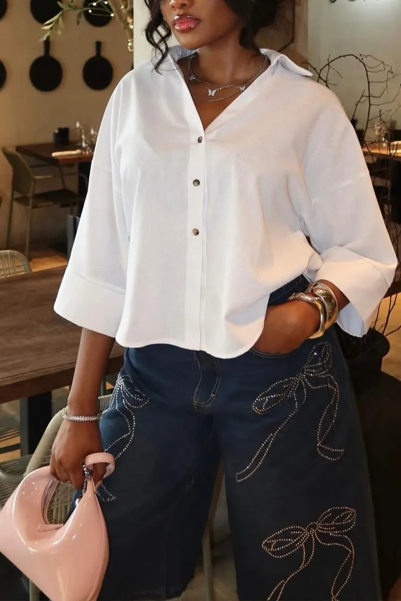 Women's High Waist Bow Embroidery Wide Leg Capri Denim Culottes