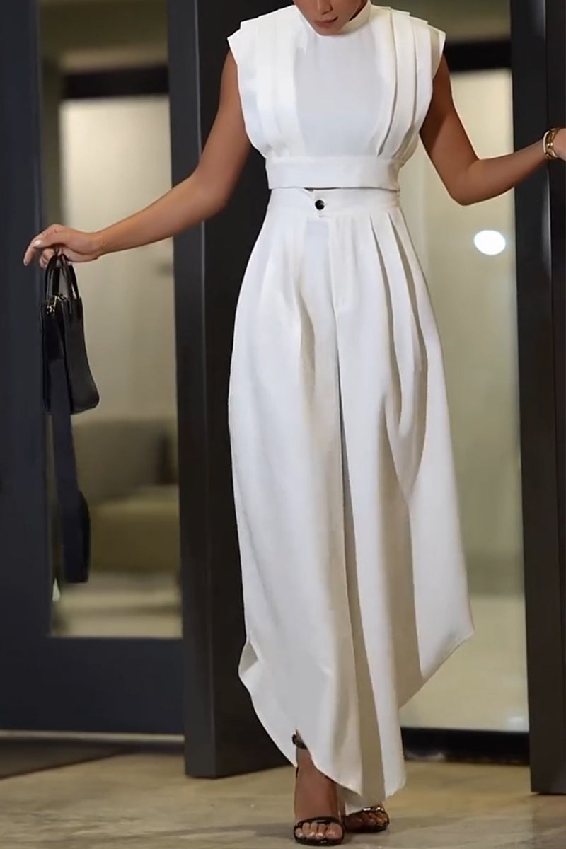 Women's Urban Casual Pleated Vest Asymmetric Hem Pants Two-Piece Set