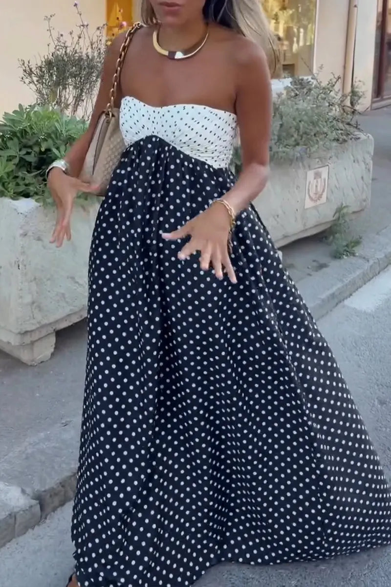 Women's Vacation Strapless Color Block Polka Dot Maxi Dress