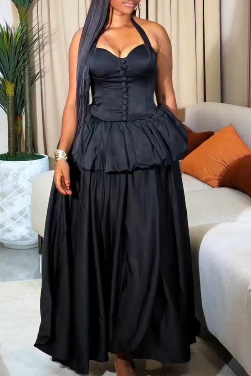 Women's Elegant Balloon Tiered Hem Tie Waist Cinching Maxi Dress