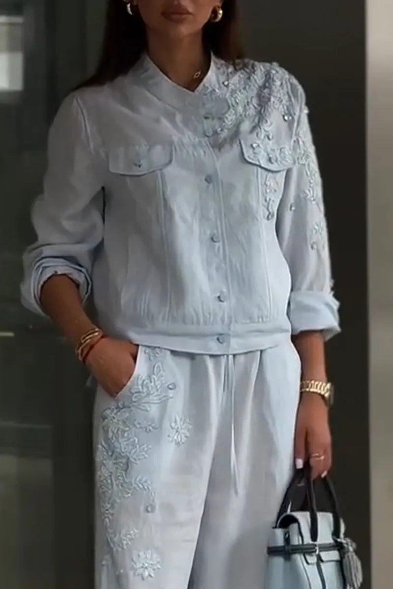 Women Round Neck Embroidered Patterned Jacket or Wide Leg Pants