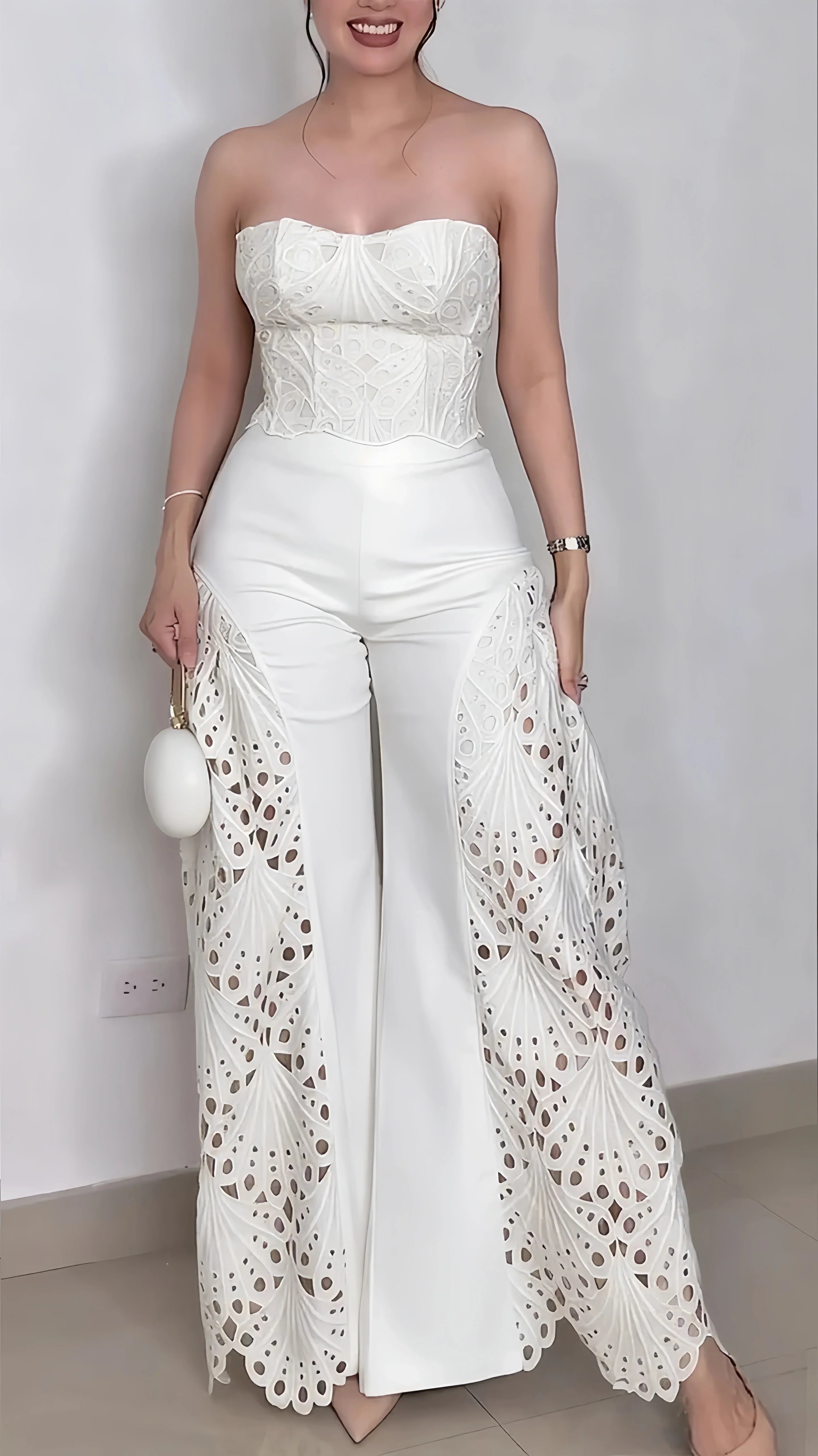 Beige Lace Cutout Strapless Corset & Wide-Leg Pants Set