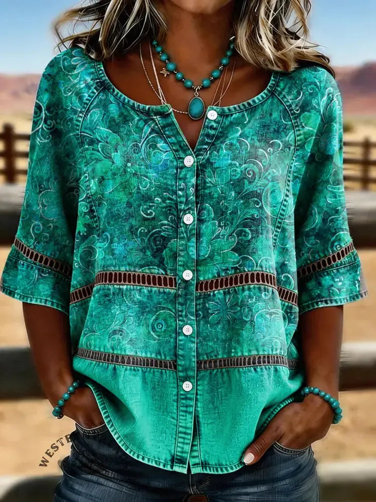 Women's Retro Gradient Print Casual Hollow-out Denim Shirt