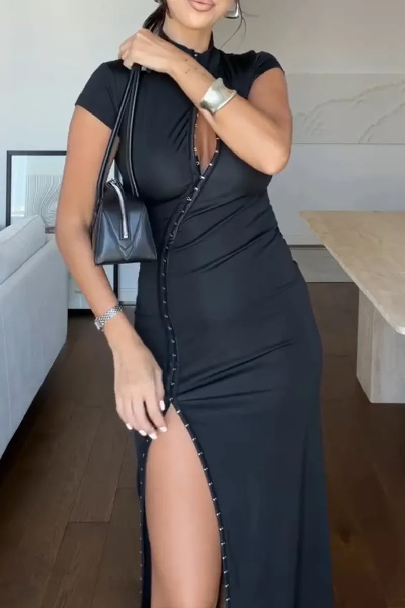 Women's Fashion Button Design Stand Collar Slit Hem Maxi Dress