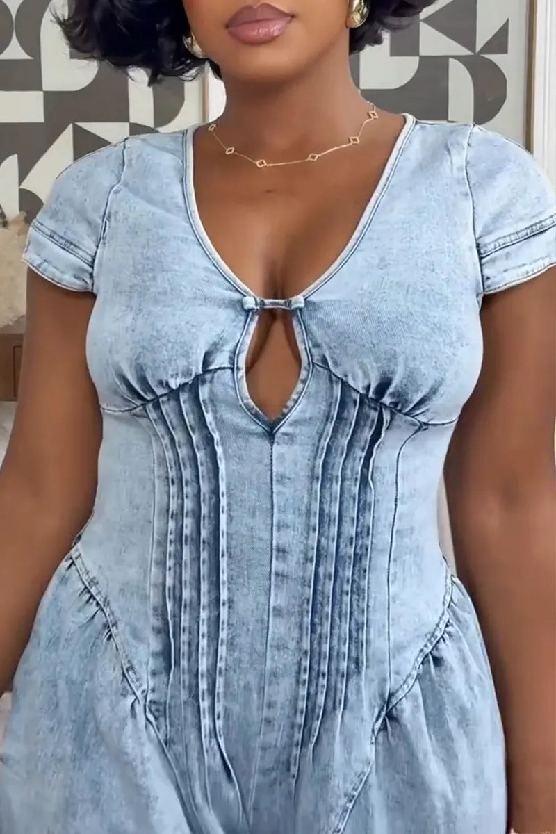 Women's Casual Waist Cinching Pleated Denim Jumpsuit