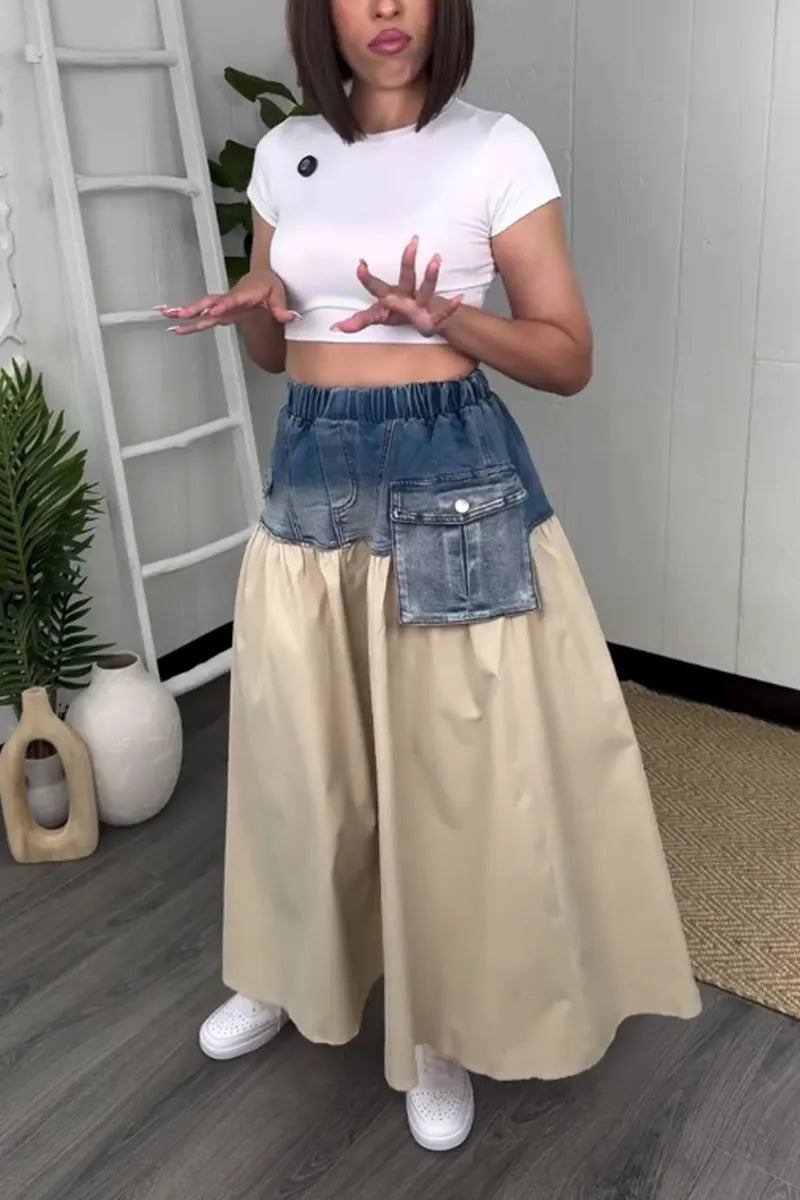 Ladies' Leisure Hot Selling Street Patchwork Pocket Denim Long Skirt