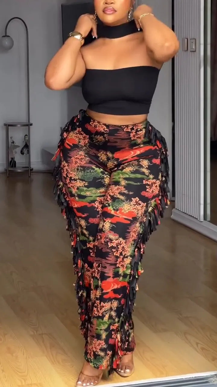 Women Strapless Top+ Patchwork Tassel Printed Pants Casual Set