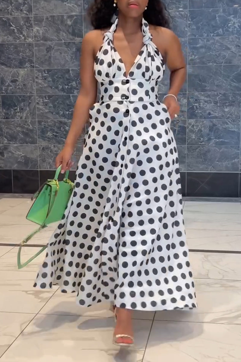 Women's Elegant Vacation Halter Waist Cinching Polka Dot Dress