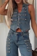 Women's Lapel Sleeveless Patchwork Round Button Denim Vest or Jeans